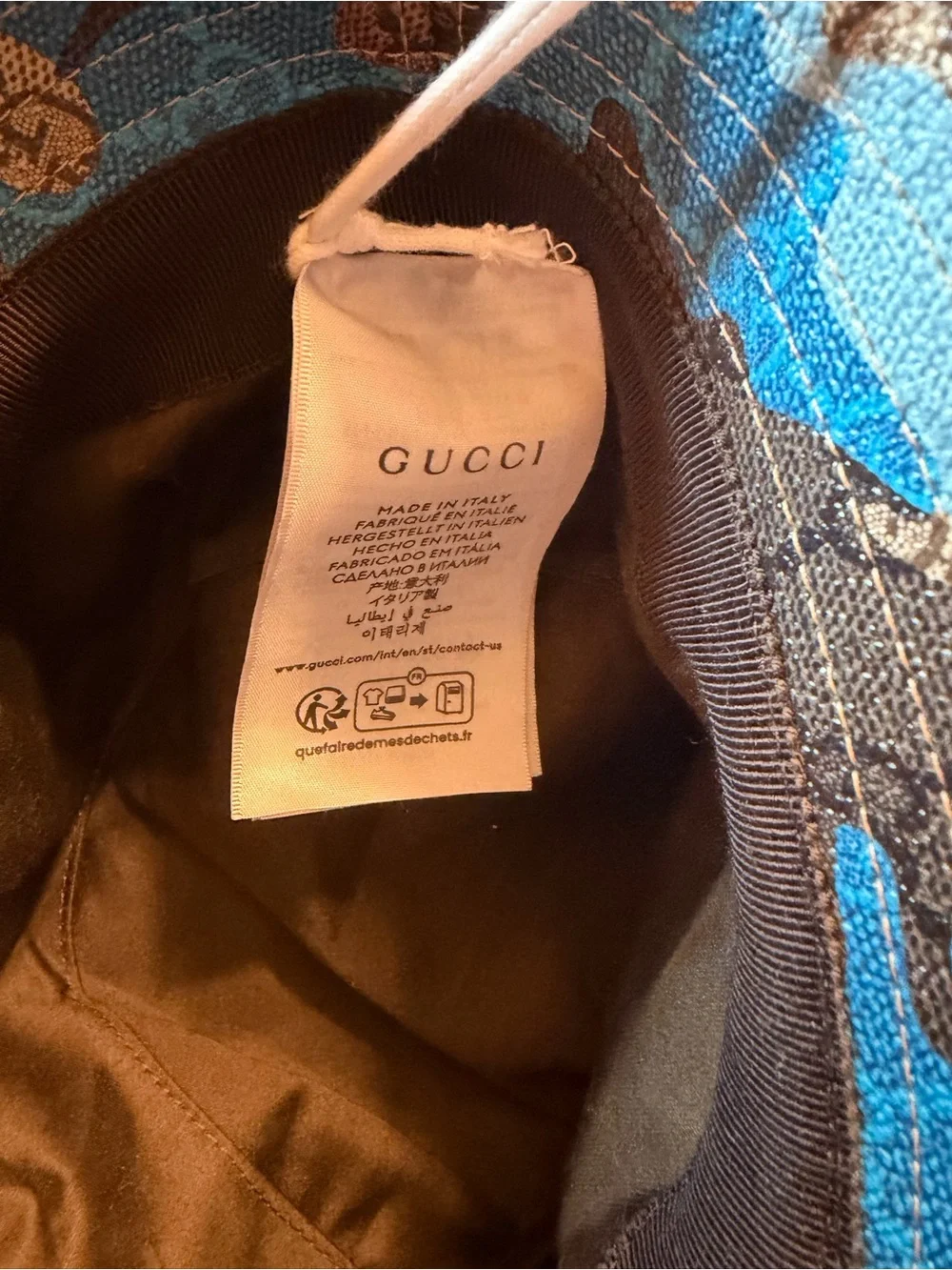 New Authentic Gucci GG Supreme Logo Blue Camo Bucket Hat Tan Blue Size M